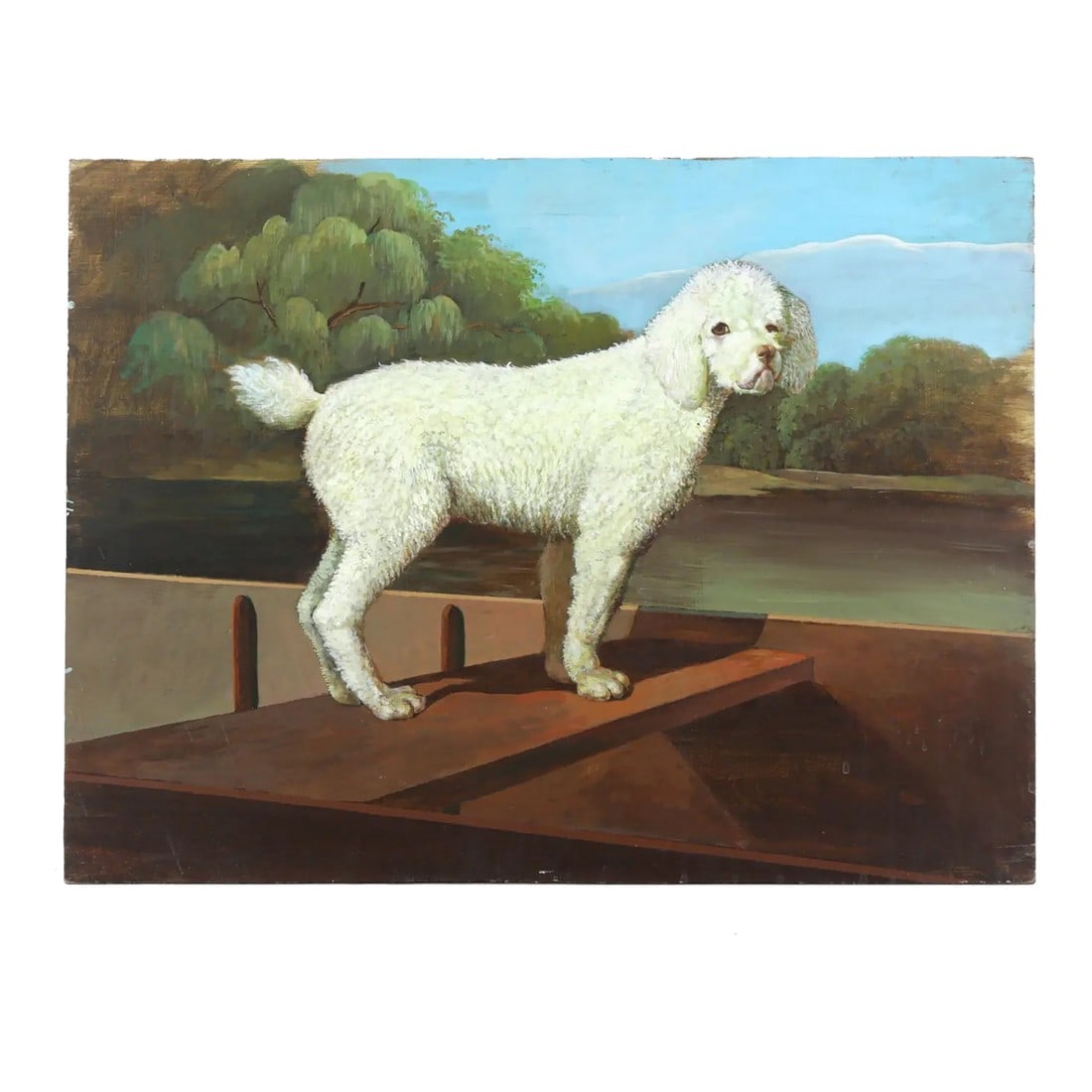Vintage Oil Painting on Wood Panel – White Poodle in a Punt River Landscape: This charming vintage oil painting on wood panel features a whimsical scene of a pristine white poodle standing alertly in a punt (flat-bottomed boat). Set against a tranquil river backdrop with