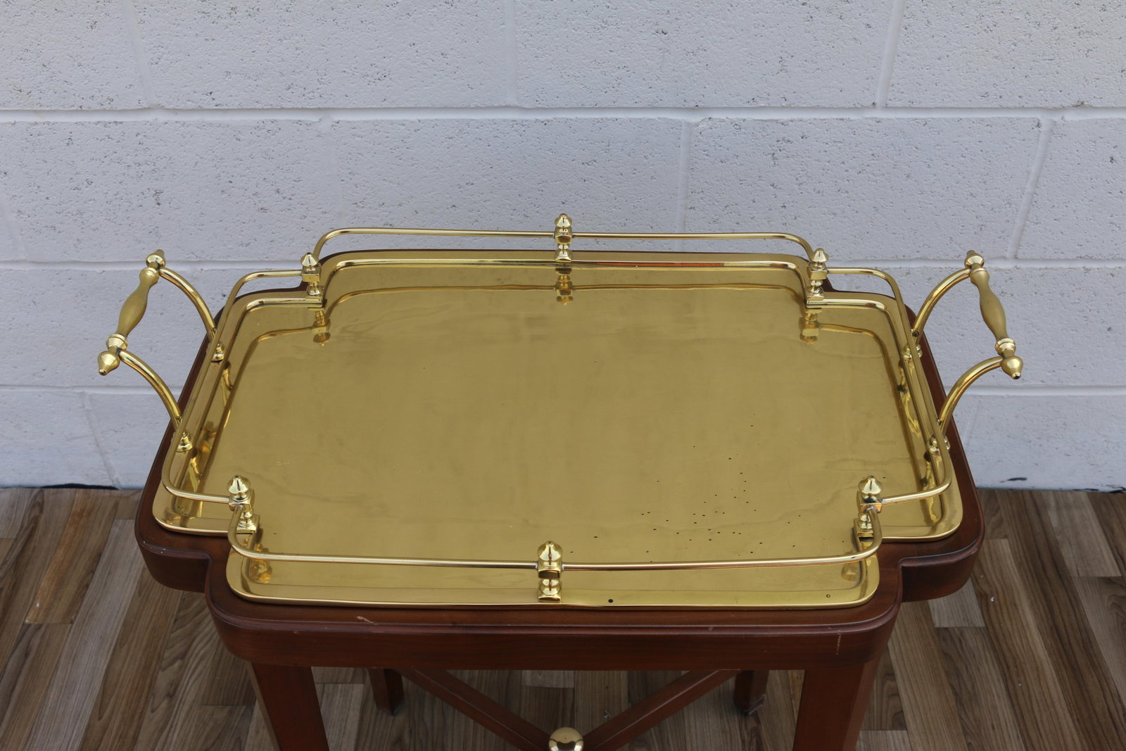 Vintage 1970s Solid Wood & Brass Tray Table | Hollywood Regency Style Serving Table - 10