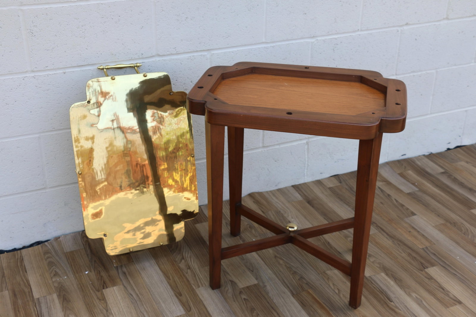 Vintage 1970s Solid Wood & Brass Tray Table | Hollywood Regency Style Serving Table - 16