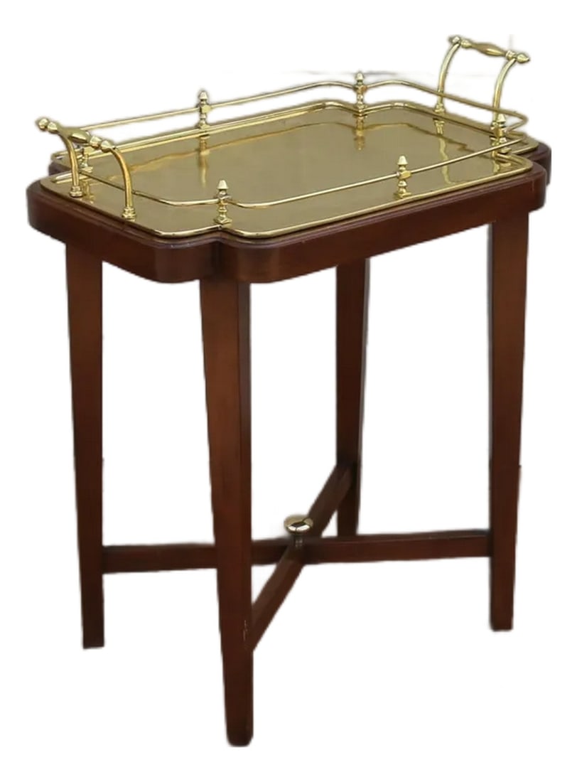 Vintage 1970s Solid Wood & Brass Tray Table | Hollywood Regency Style Serving Table: A striking vintage tray table from the 1970s, featuring a beautifully crafted solid wood base paired with an elegant removable brass tray top. This piece captures the essence of Hollywood Regency