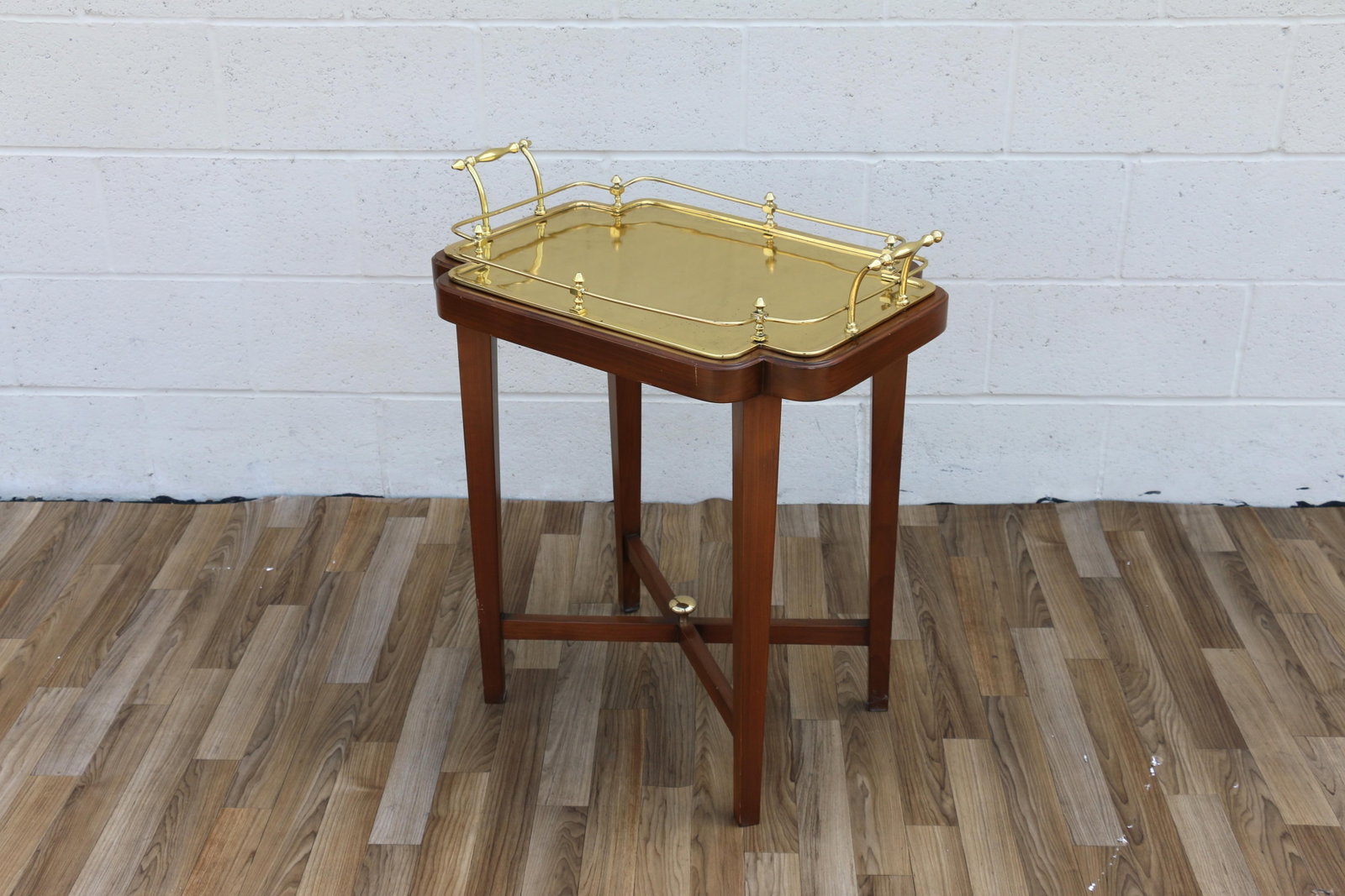 Vintage 1970s Solid Wood & Brass Tray Table | Hollywood Regency Style Serving Table - 2