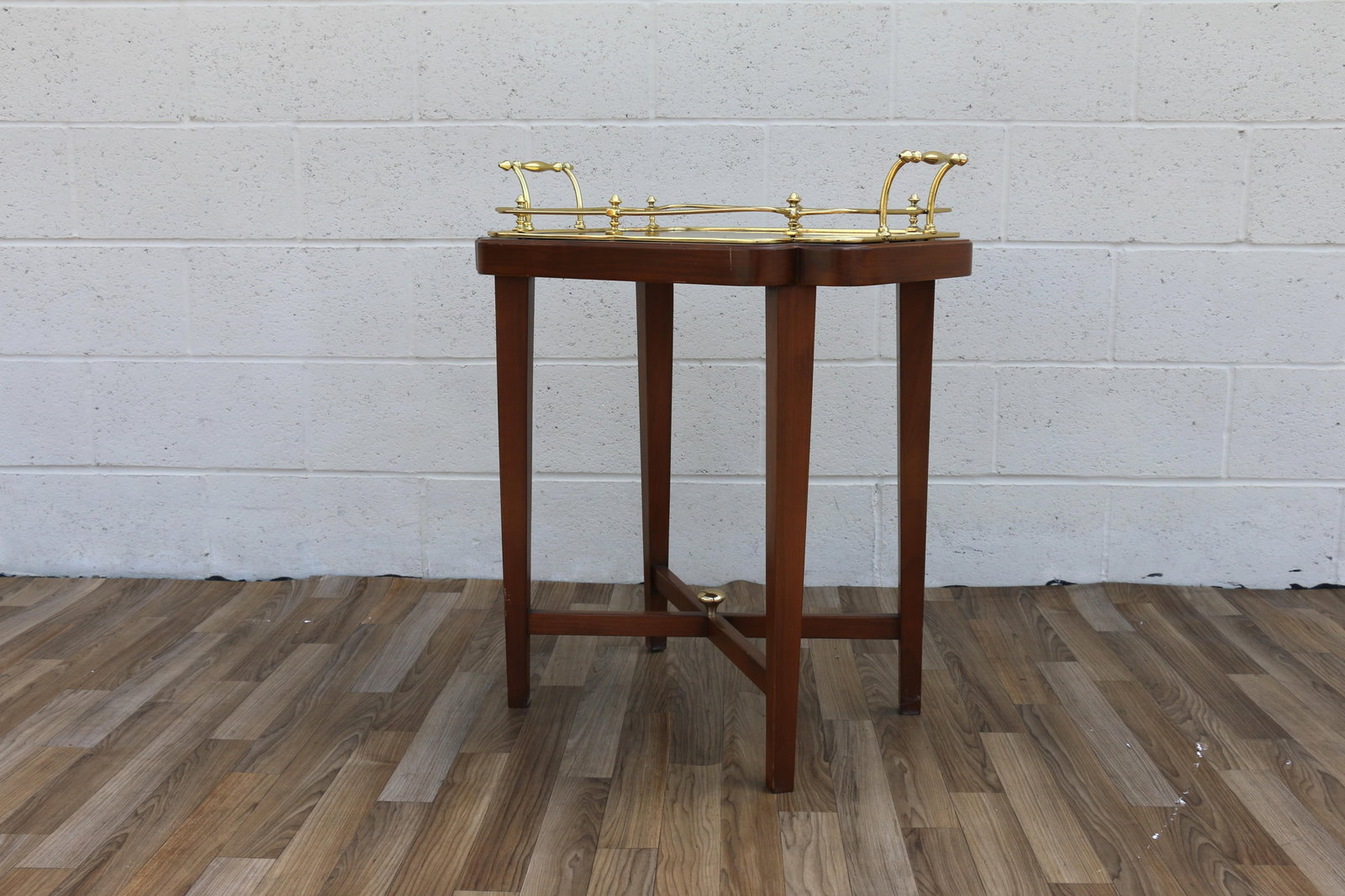 Vintage 1970s Solid Wood & Brass Tray Table | Hollywood Regency Style Serving Table - 4