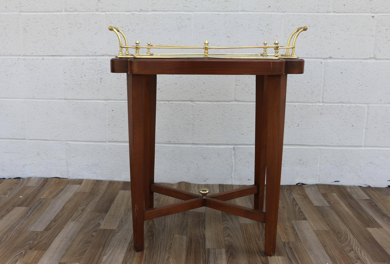 Vintage 1970s Solid Wood & Brass Tray Table | Hollywood Regency Style Serving Table - 5