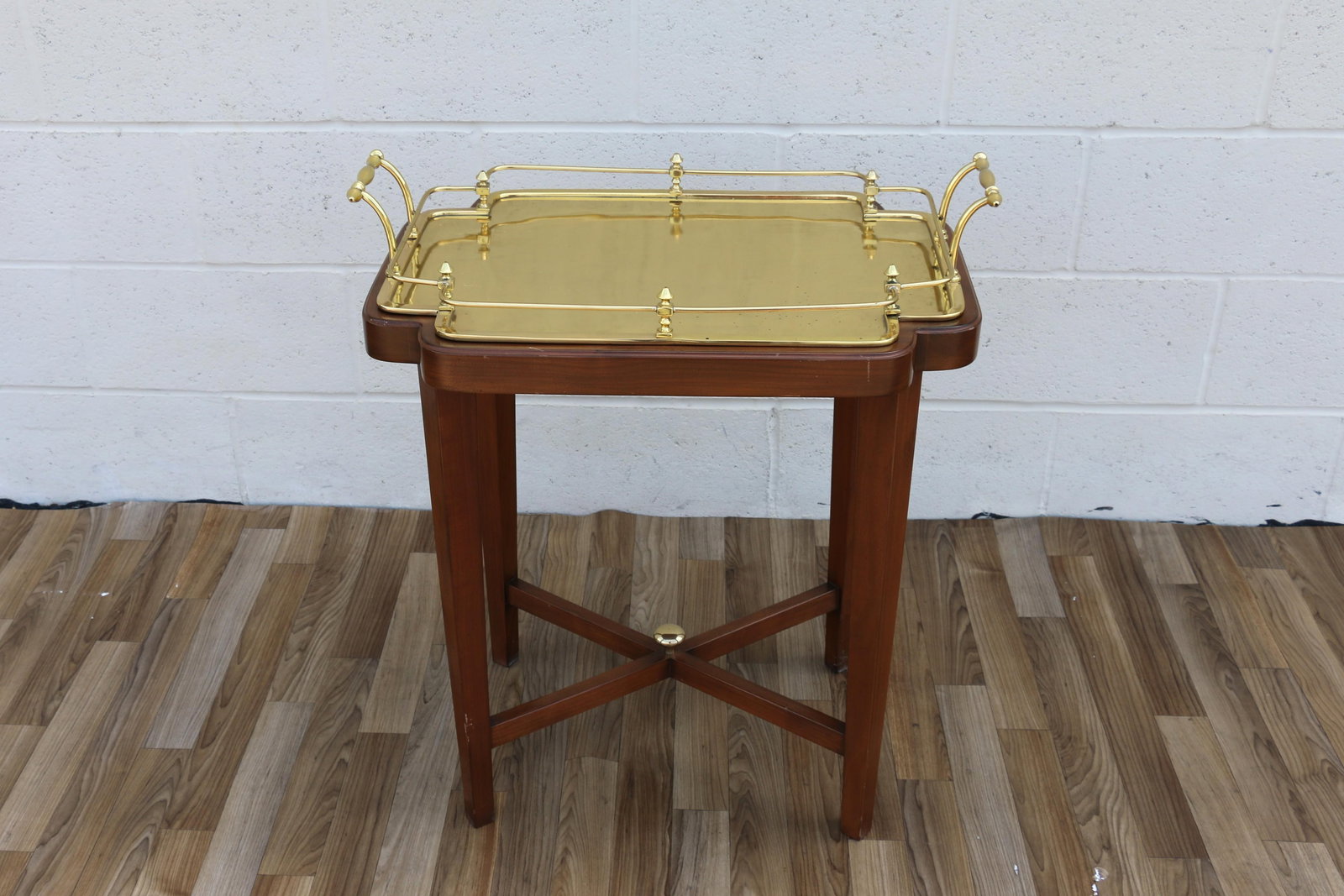 Vintage 1970s Solid Wood & Brass Tray Table | Hollywood Regency Style Serving Table - 9