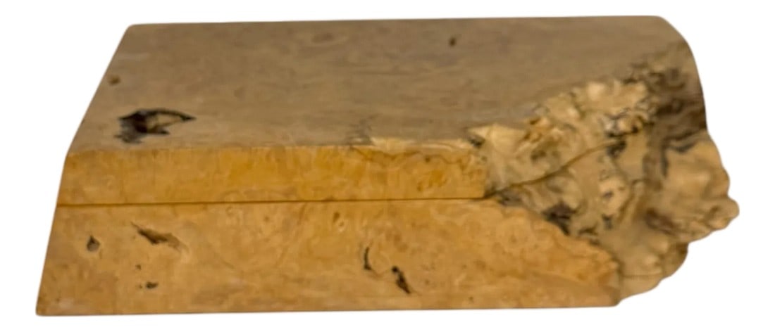 Vintage Michael Elkan Studio Jewelry Box: Vintage Studio-crafted jewelry trinket box made from maple burl wood by artist Michael Elkan. Material: Features a natural "live edge" design highlighting the wood's organic shape. Features: Hinged