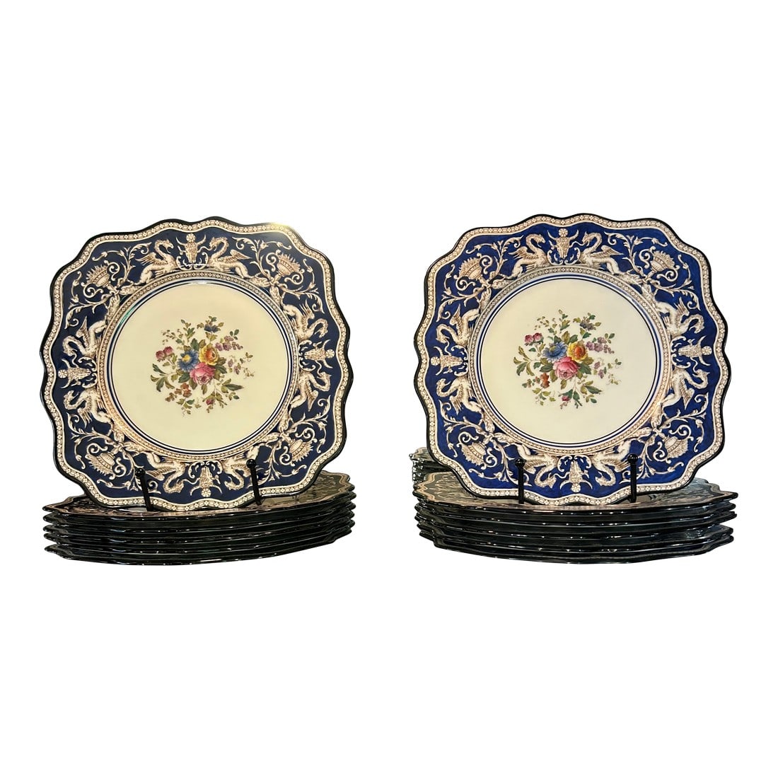 Wedgwood Vintage Set of 12 Bone China Square Luncheon Plates: Gorgeous rare set of 12 Wedgewood vintage luncheon plates having marvelous details, blue and white decoration around the periphery and flowers in the center. Condition: Alterations: Original