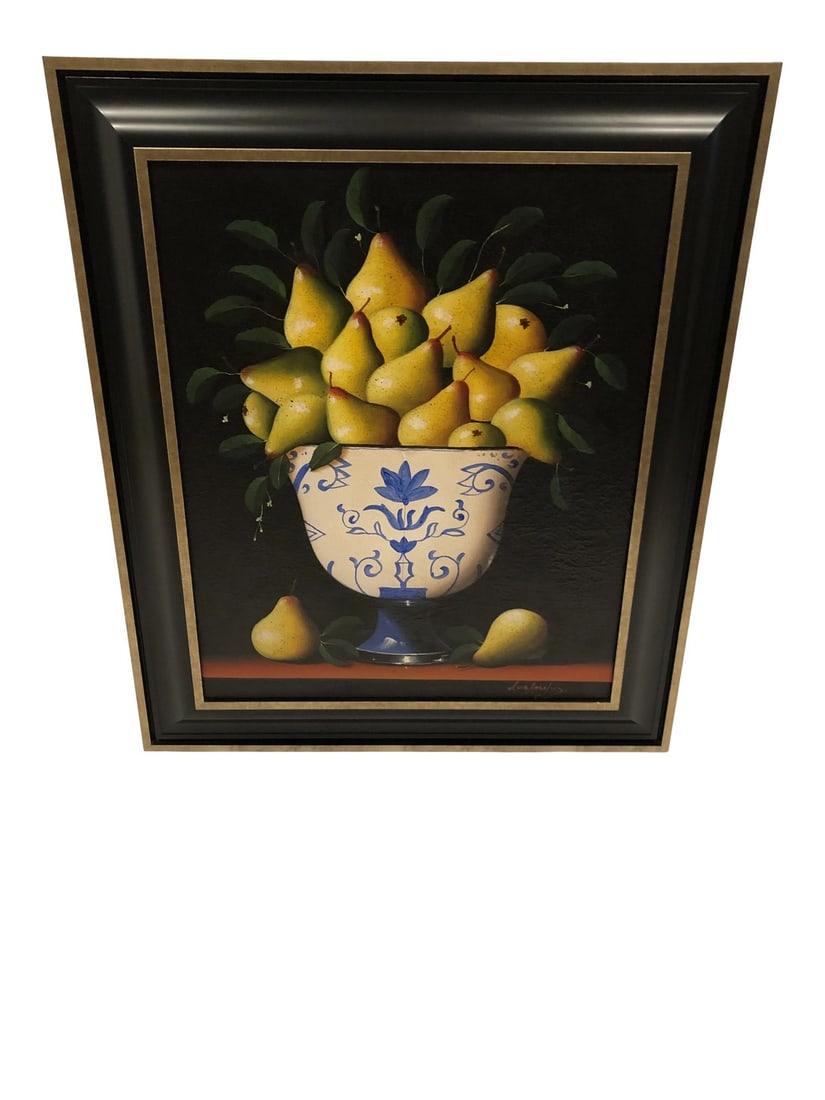 Original Still Life Painting of Pears: Gorgeously rendered still life of a large blue and white bowl overflowing with ripe yellow green pears set against a graphic black background. Signed lower right, Luis Angel Frame is handsome wide