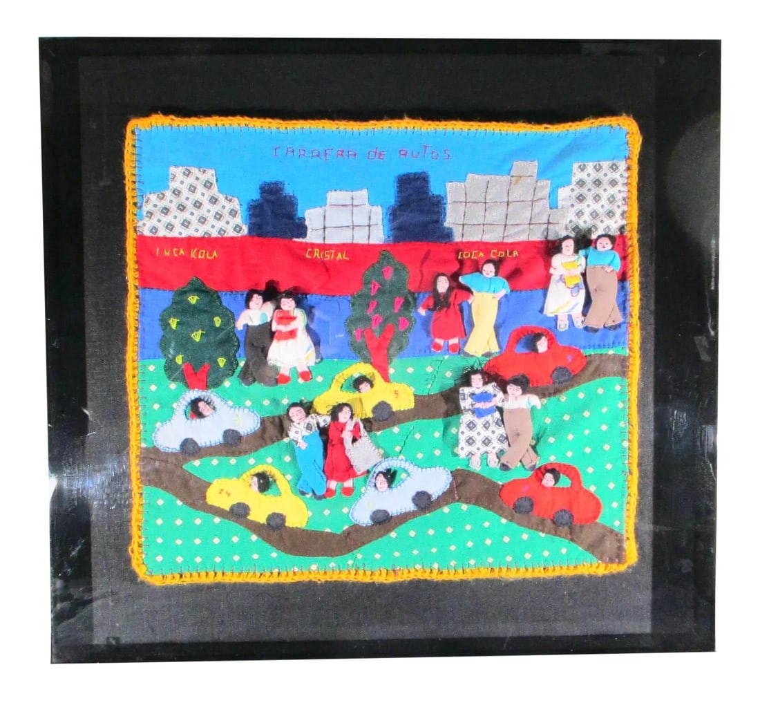 1990s Vintage Appliqué Folk Art Peru Arpillera Textile Art: Appliqué Folk Art Peru Arpillera soft sculpture textile in a lucite display case. Peruvian folk art of original designs with native views of the world and goings-on. Fresh and smart, foreign and 