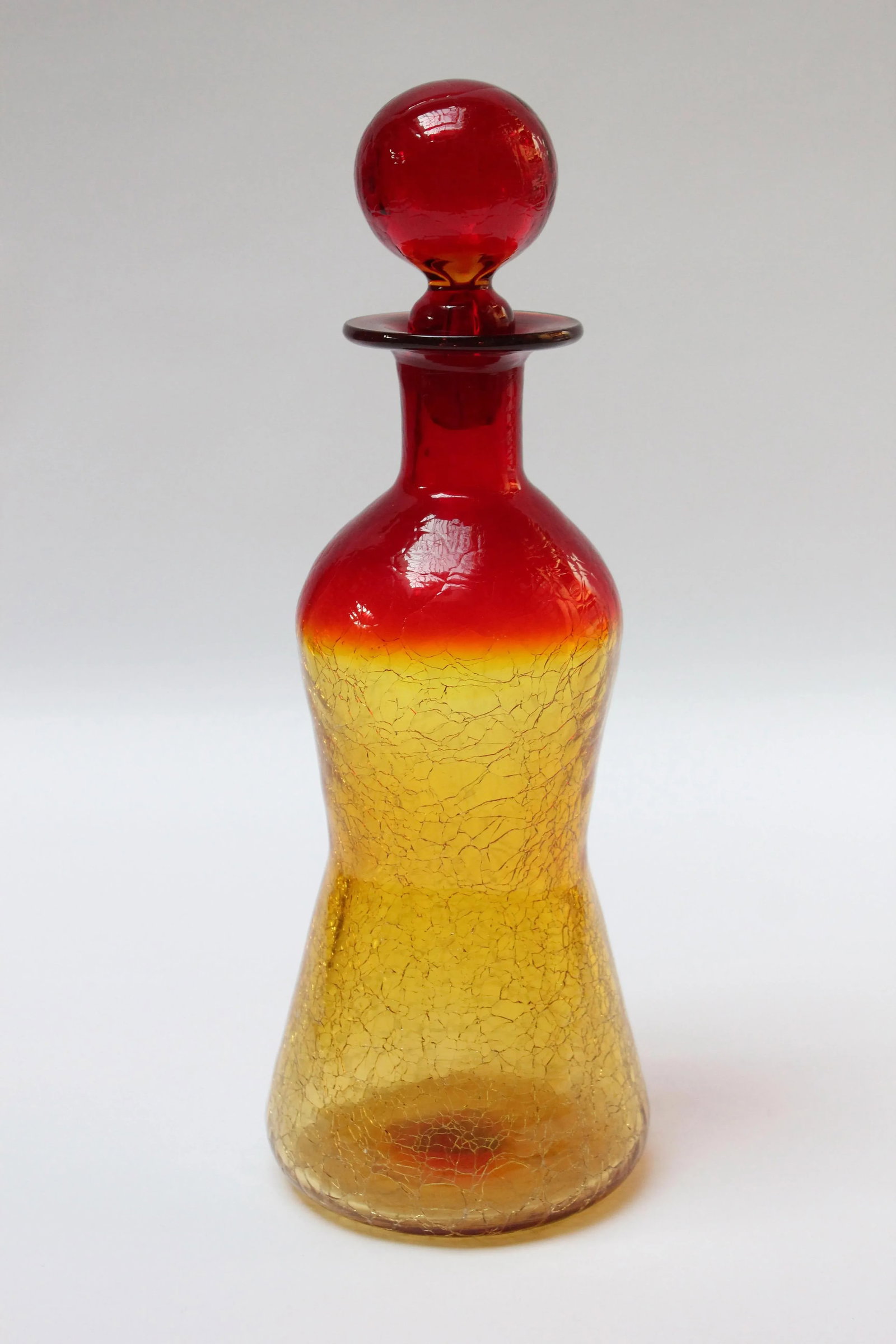 Vintage Rainbow Amberina Tangerine Blown Crackle Glass Decanter With Stopper - 12