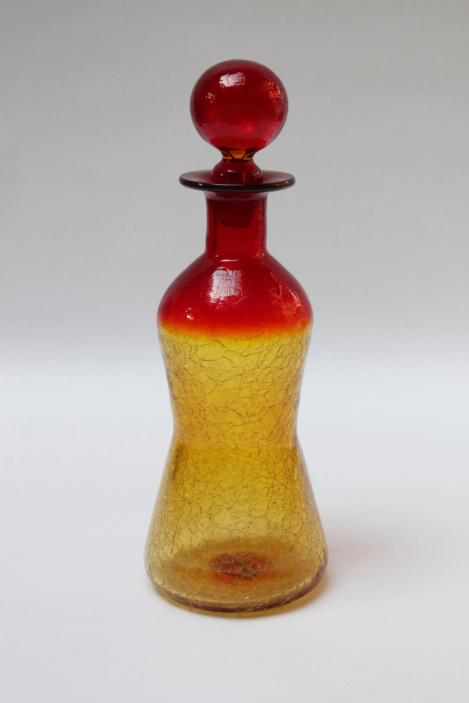 Vintage Rainbow Amberina Tangerine Blown Crackle Glass Decanter With Stopper - 2