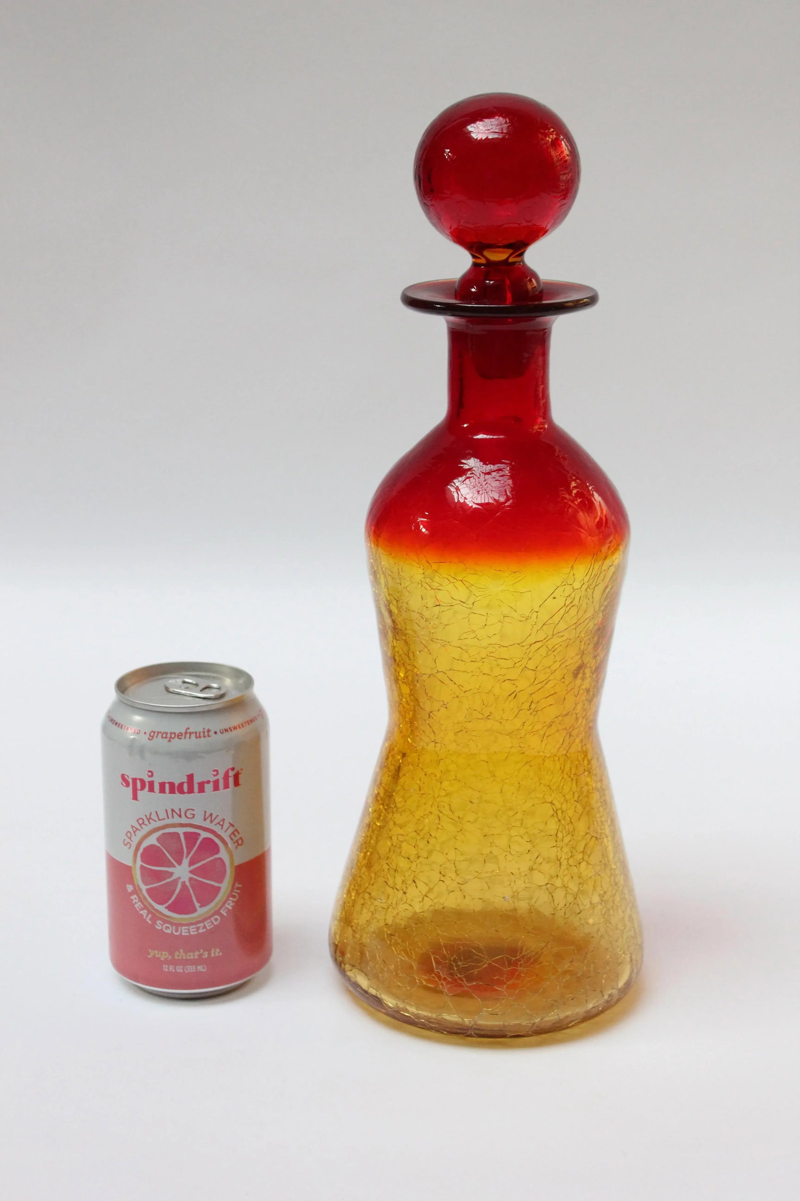 Vintage Rainbow Amberina Tangerine Blown Crackle Glass Decanter With Stopper - 3