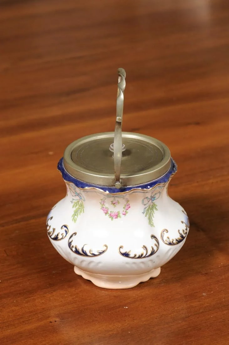 England Crescent Ware 1890s Porcelain Pot with Floral Motifs and EPNS Lid - 10