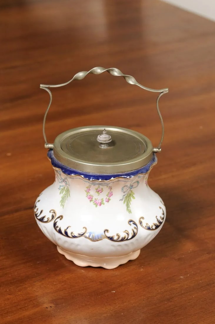 England Crescent Ware 1890s Porcelain Pot with Floral Motifs and EPNS Lid - 11
