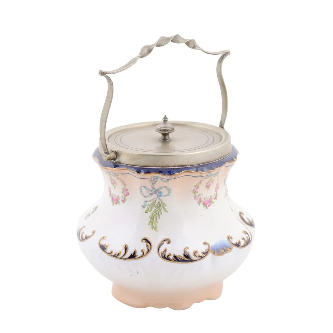 England Crescent Ware 1890s Porcelain Pot with Floral Motifs and EPNS Lid - 13
