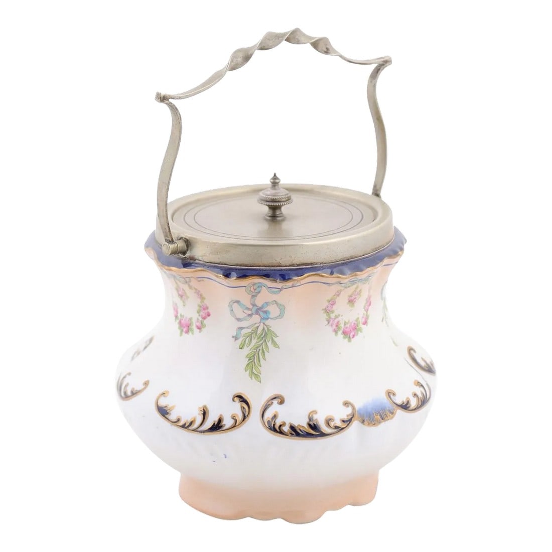 England Crescent Ware 1890s Porcelain Pot with Floral Motifs and EPNS Lid: An England crescent ware porcelain pot from the late 19th century, with floral motifs and electro plated nickel silver lid. Created in England during the last decade of the 19th century, this charming
