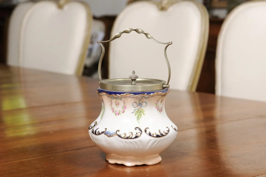 England Crescent Ware 1890s Porcelain Pot with Floral Motifs and EPNS Lid - 4