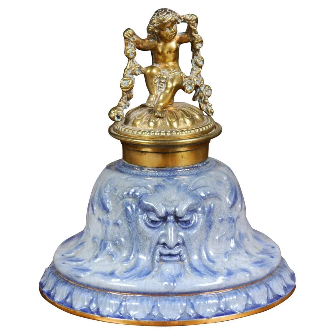 English Victorian Period 19th Century Porcelain Inkwell with Brass Putto Motif - 13