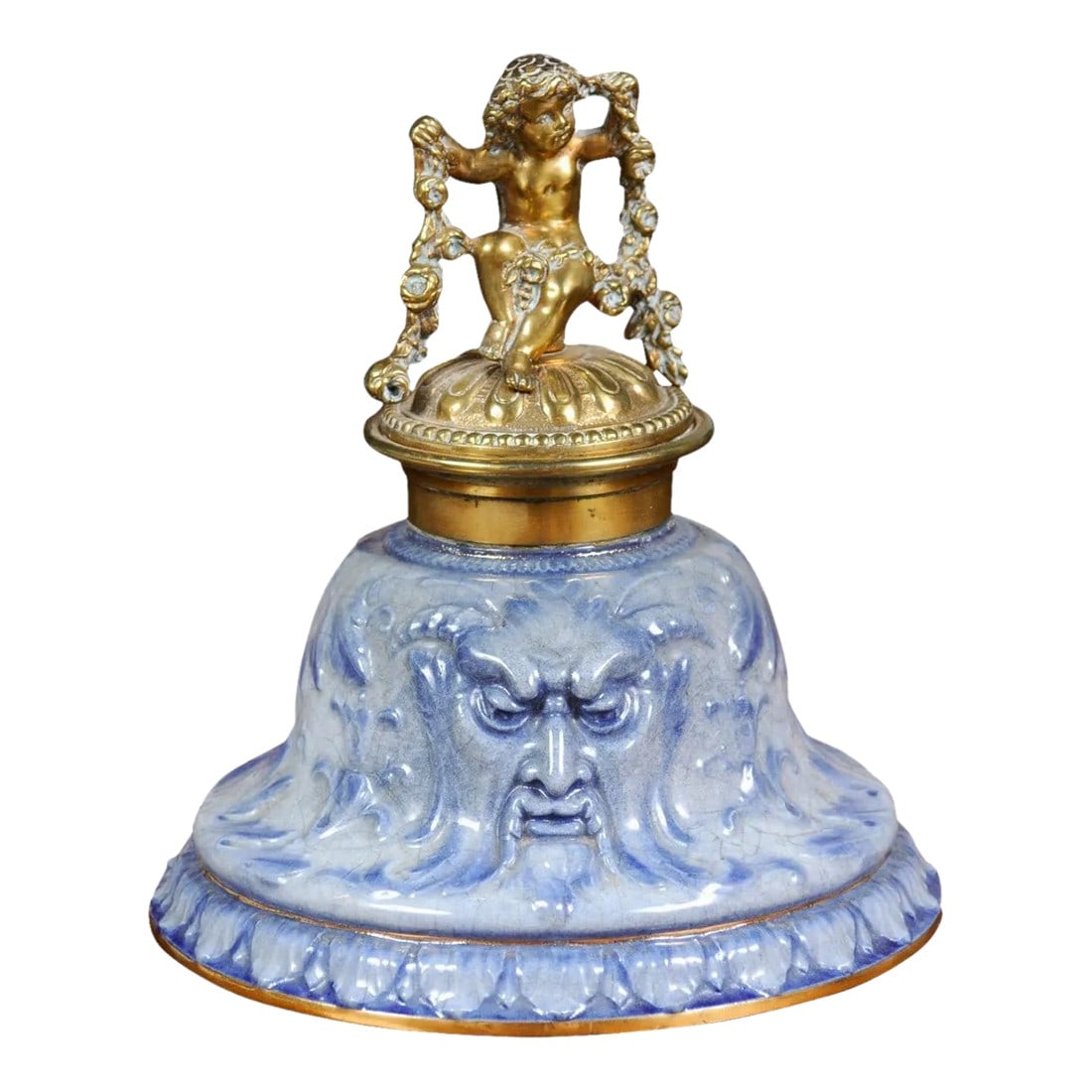 English Victorian Period 19th Century Porcelain Inkwell with Brass Putto Motif (1 of 13)