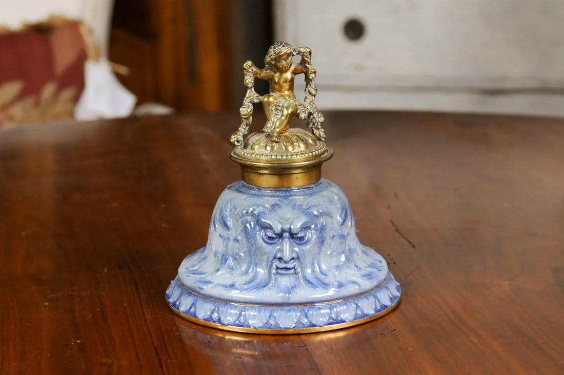 English Victorian Period 19th Century Porcelain Inkwell with Brass Putto Motif - 3