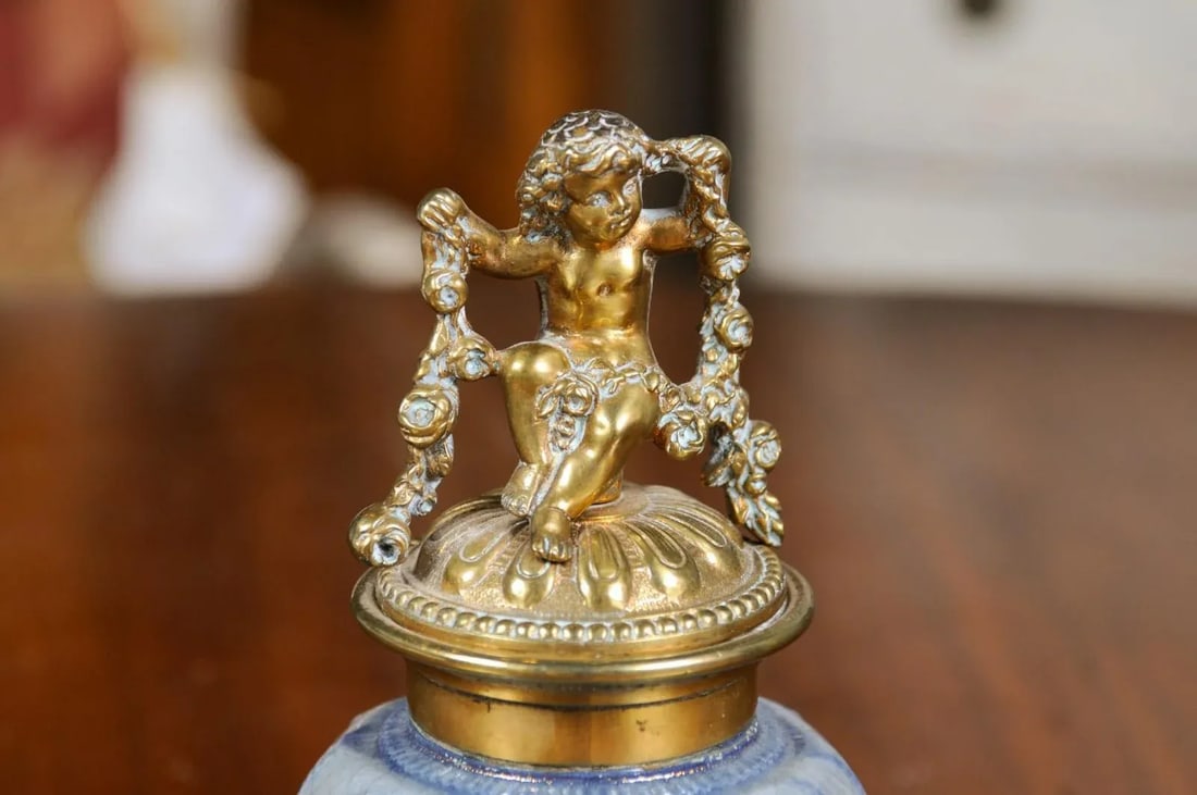 English Victorian Period 19th Century Porcelain Inkwell with Brass Putto Motif - 4