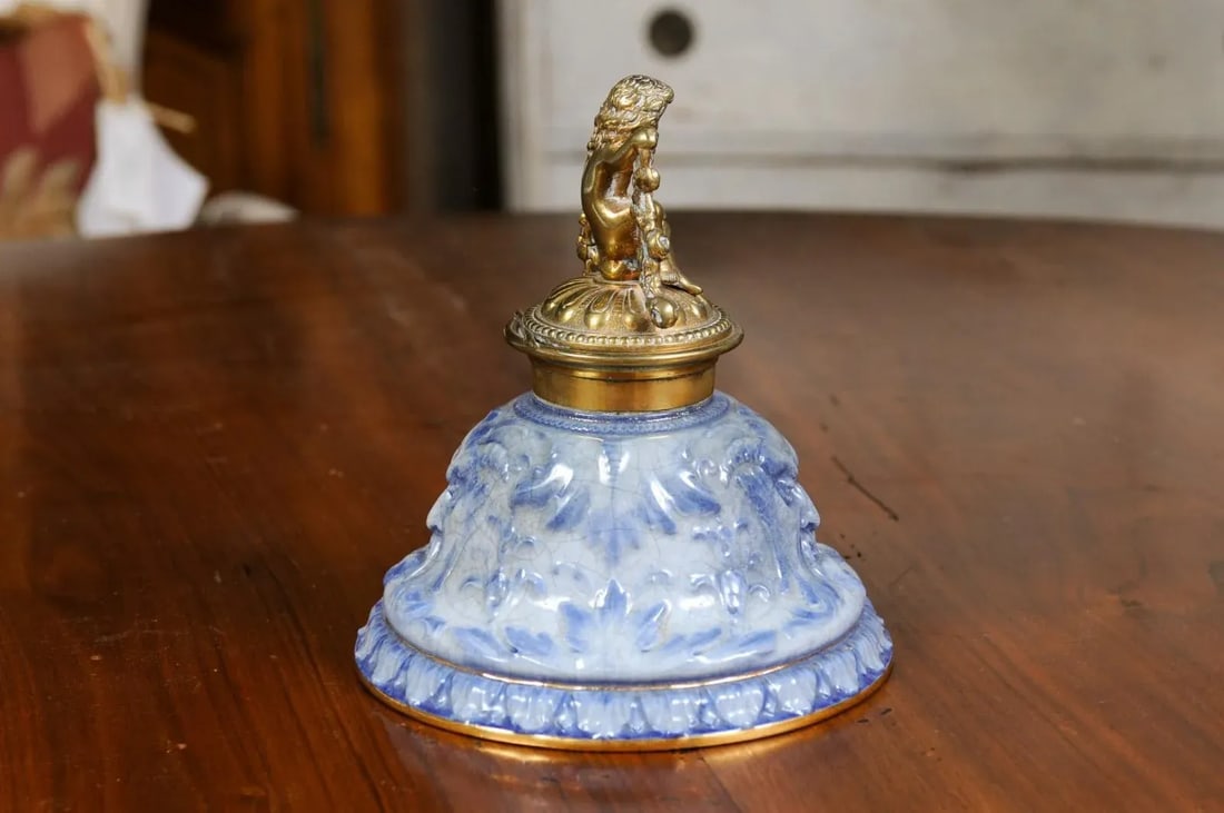 English Victorian Period 19th Century Porcelain Inkwell with Brass Putto Motif - 7