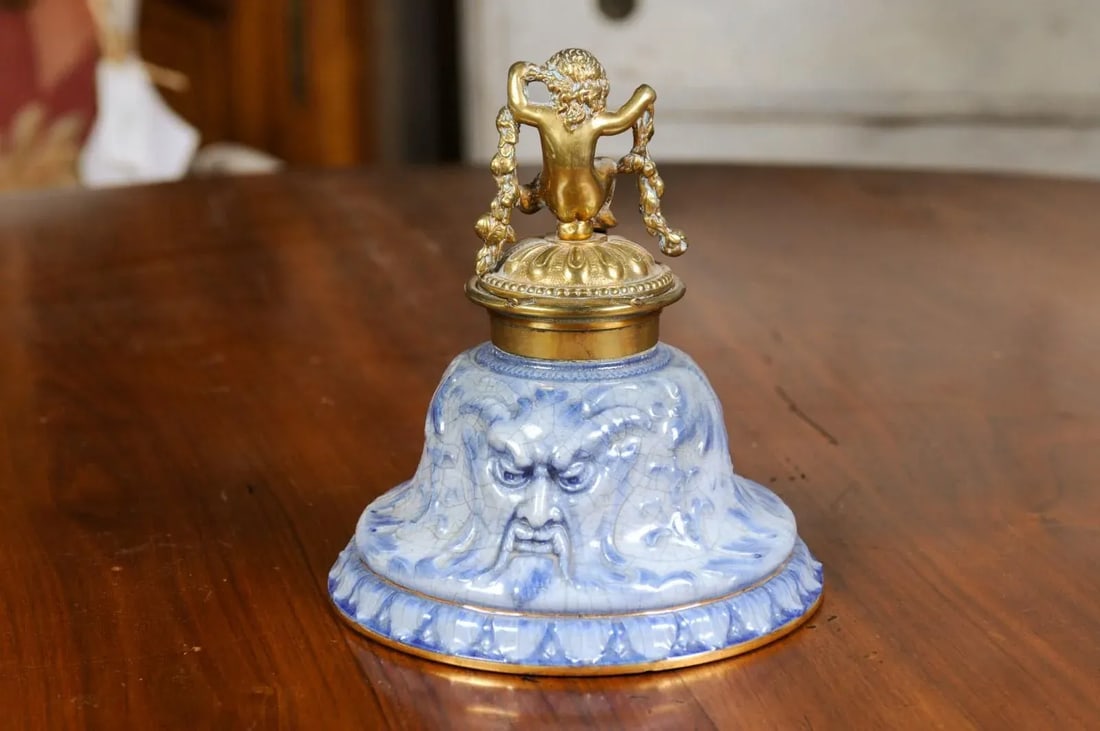 English Victorian Period 19th Century Porcelain Inkwell with Brass Putto Motif - 8