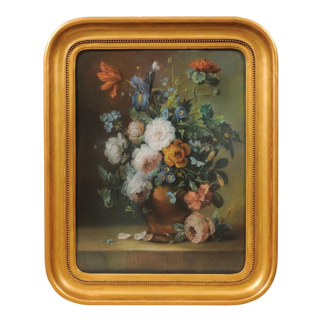 French 19th Century Paste Painting with Bouquet of Flowers in Giltwood Frame: A French pastel floral painting from the 19th century depicting a bouquet of flowers in a vase, set in giltwood frame. Created in France during the 19th century, this painting demonstrates the mastery