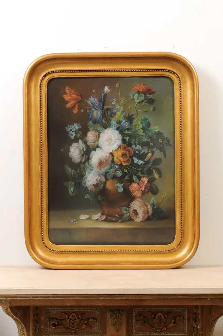 French 19th Century Paste Painting with Bouquet of Flowers in Giltwood Frame - 2