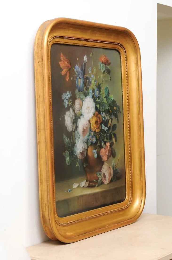 French 19th Century Paste Painting with Bouquet of Flowers in Giltwood Frame - 9