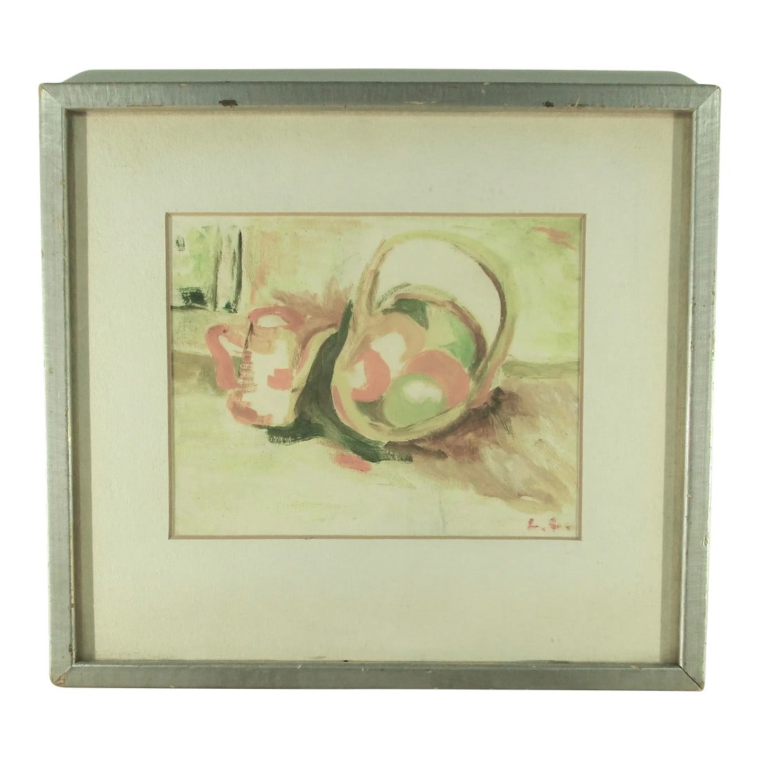 1980s Still Life Watercolor Painting, Framed: Vintage wash study of a still-life of fruit baskets. Happy little artwork by the artists and given to a friend with a very charming little note attached to the reverse. Bright yellow and orange and ch