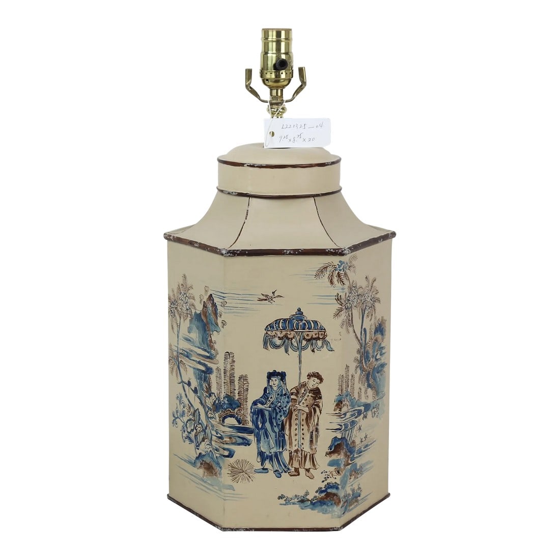 Vintage English Export Tea Caddy Hand-Painted Chinoiserie Figurines Table Lamp.Hand Drawn Table Lamp: Vintage English Tea Caddy, This lamp is a very typical European Chinoiserie art form from the 17th to 18th centuries. It is a work of art no matter where it is placed indoors. Each one is