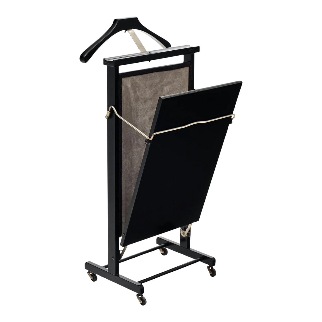 French Mid-Century Valet: Valet from mid-century France. This piece is made of mahogany that has been ebonized and finished with a lustrous French polish. One side supports a coat hanger and mirror, while the other side has a