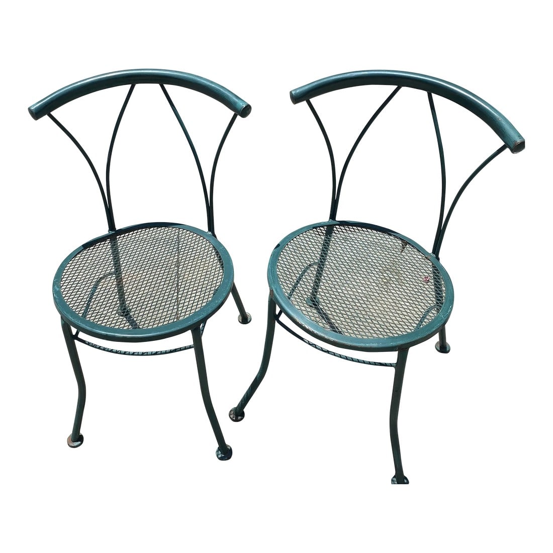 Green Metal Outdoor Mid Century Mesh Chairs - Set of 2: This is a beautiful pair of green metal chairs. These are perfect for outside or inside for a special area. Perfect for the interior designer or the enthusiast! Condition: Alterations: Original Condit