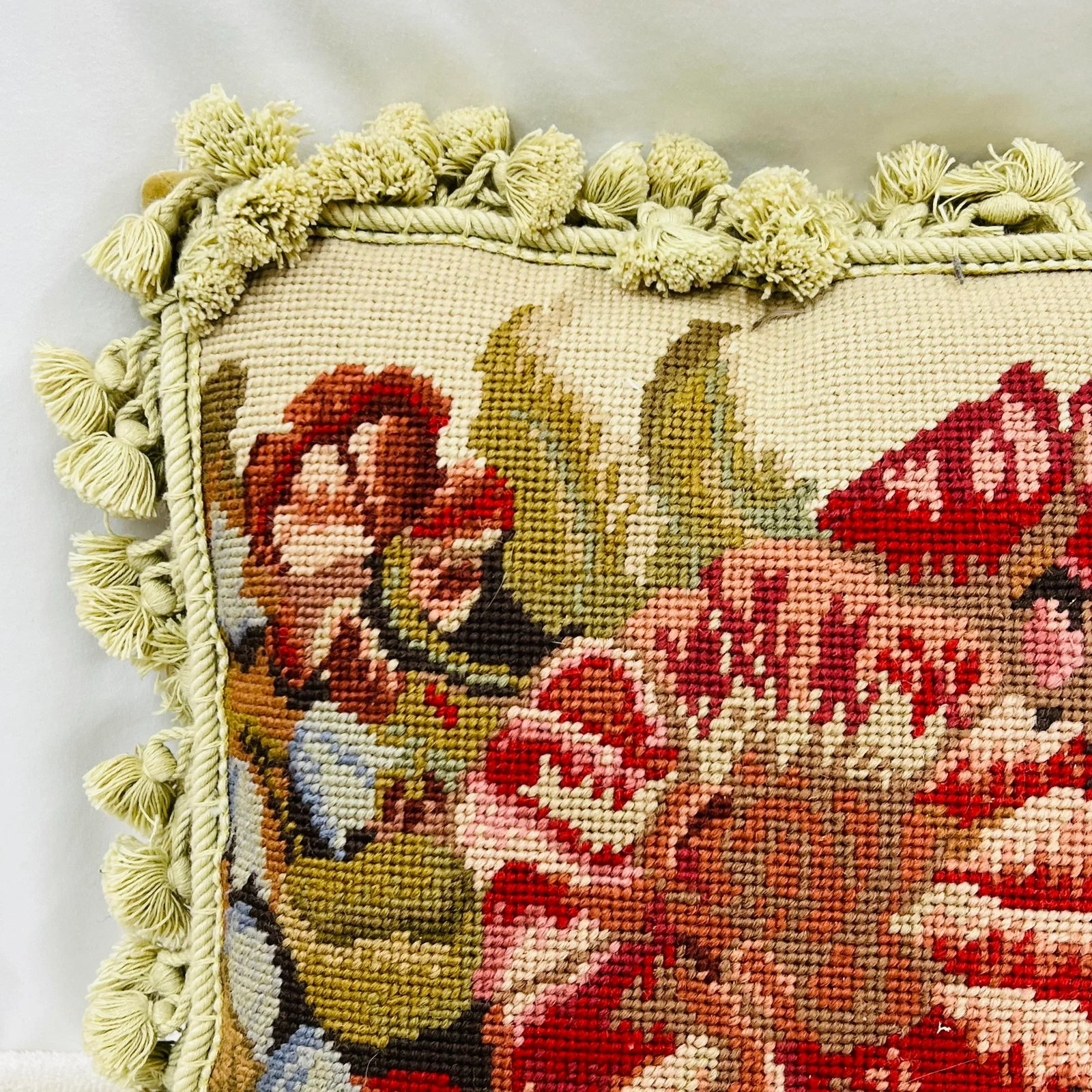 1980s Floral Needlepoint Pillow With Tassel Trim - 2