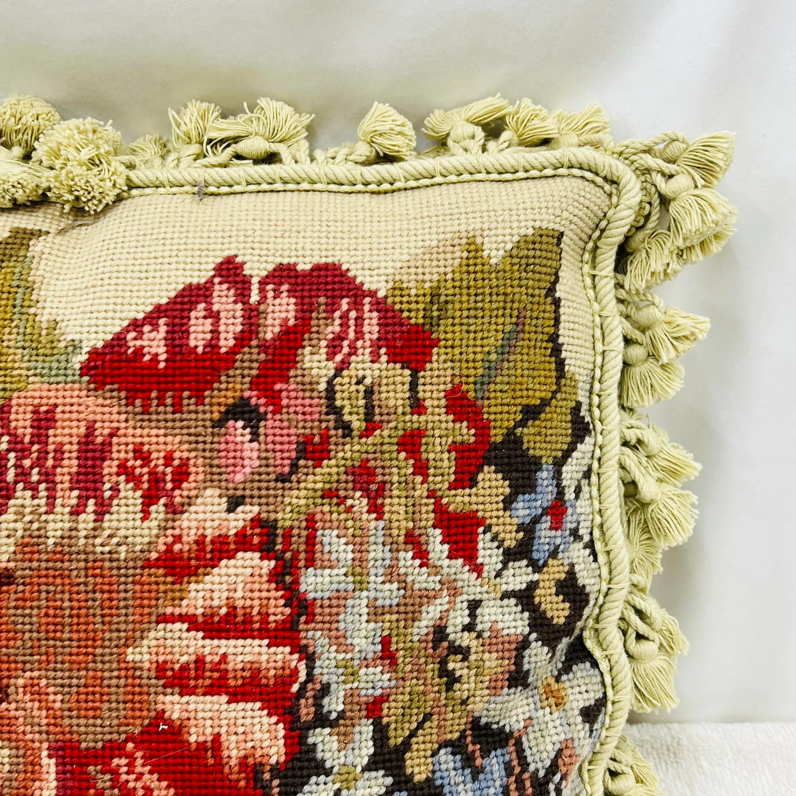 1980s Floral Needlepoint Pillow With Tassel Trim - 3