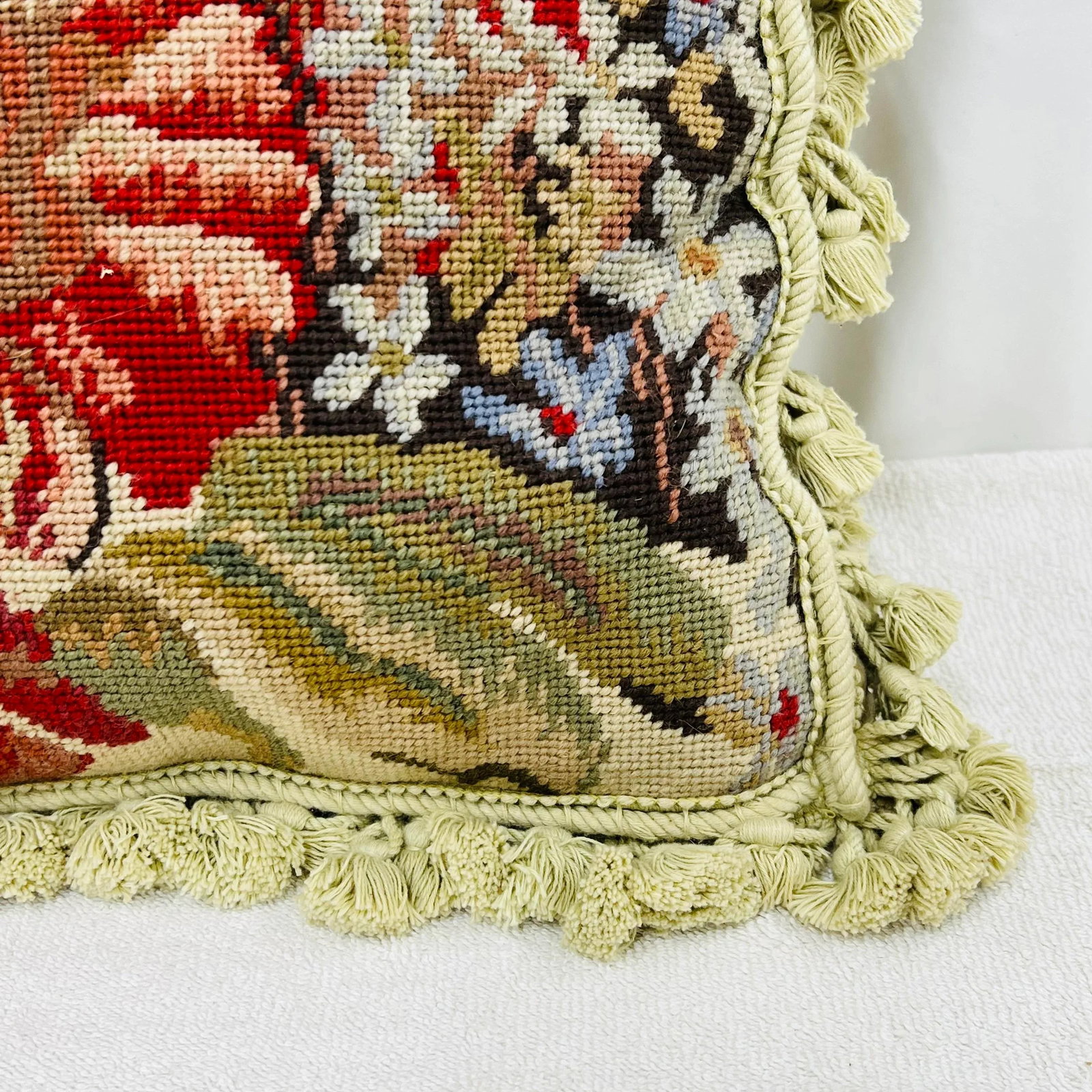 1980s Floral Needlepoint Pillow With Tassel Trim - 4