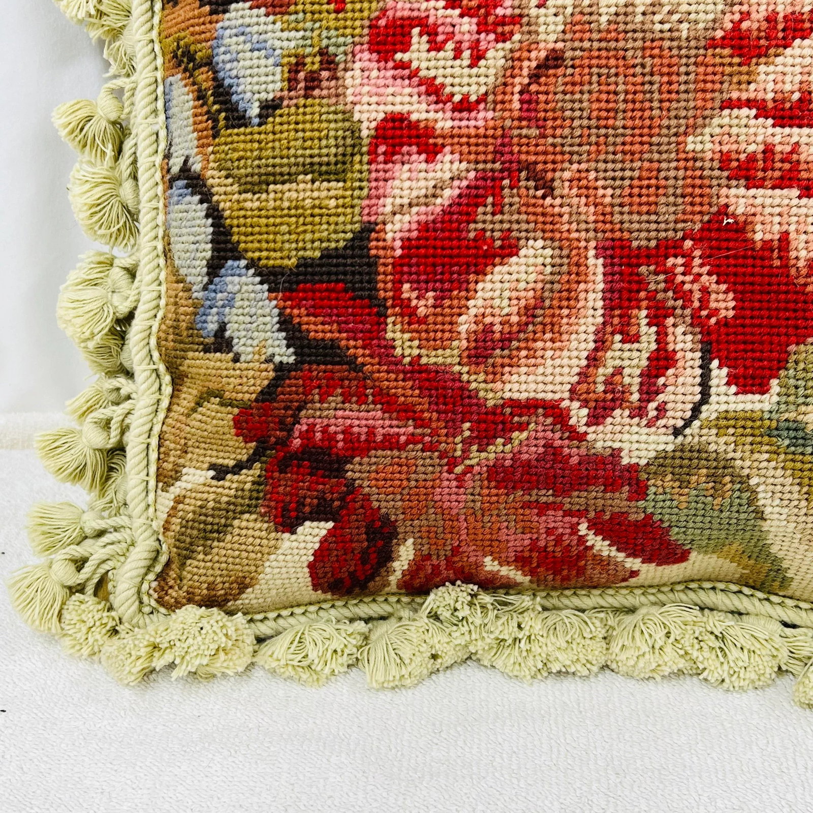 1980s Floral Needlepoint Pillow With Tassel Trim - 5