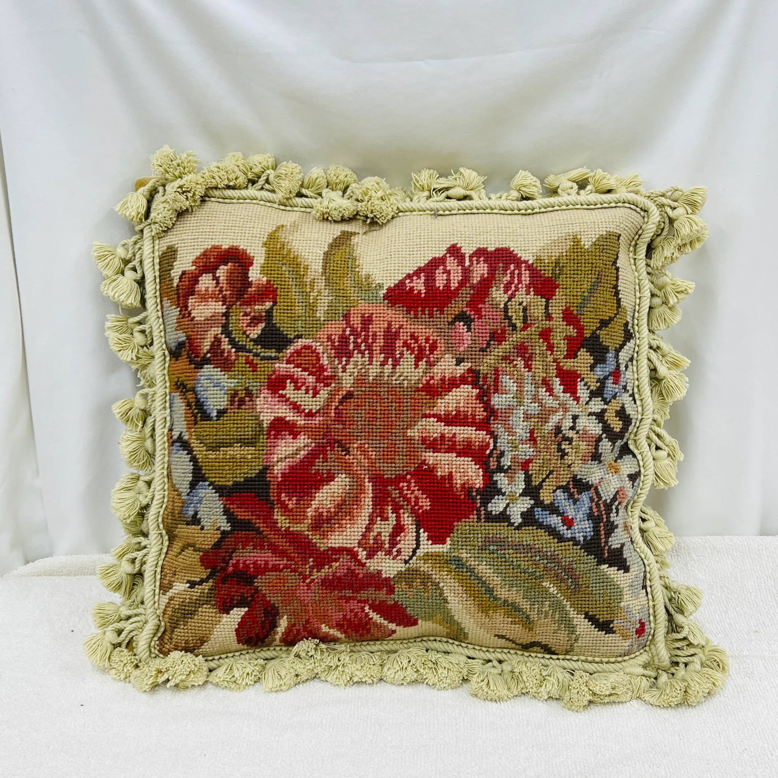 1980s Floral Needlepoint Pillow With Tassel Trim - 8