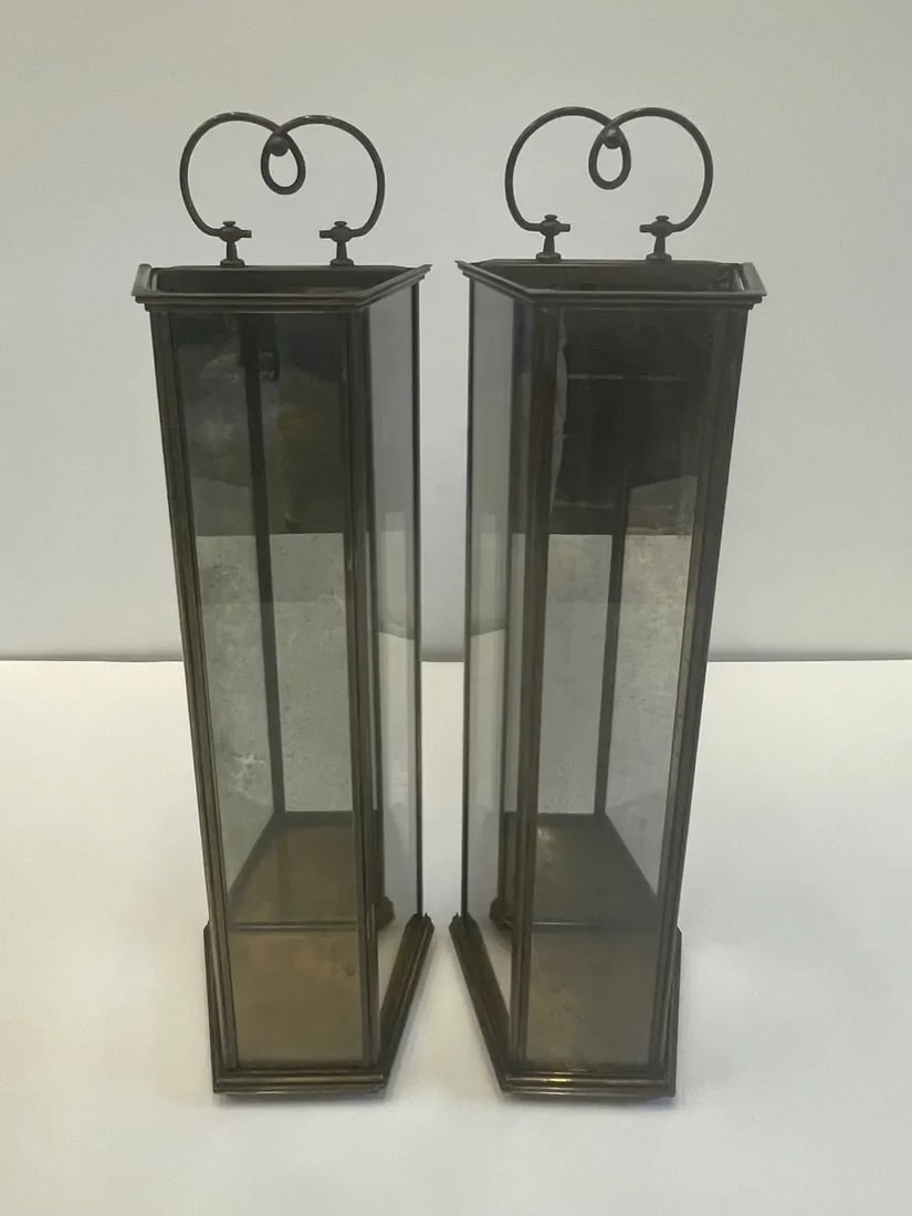 Brass & Aged Glass Lanterns -A Pair - 13