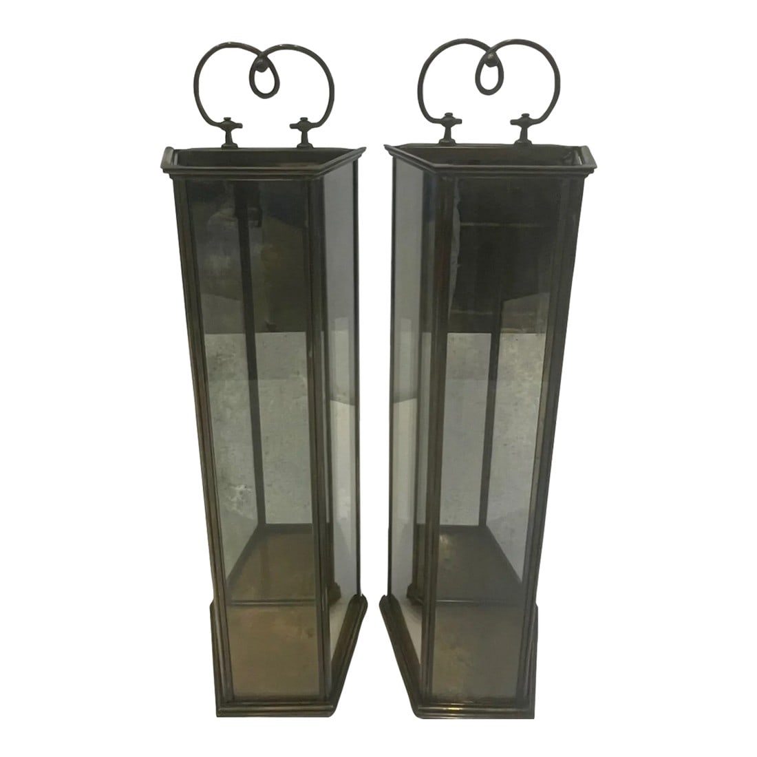 Brass & Aged Glass Lanterns -A Pair: Lovely tall pair of brass and aged glass candle lanterns having mirrored interior. Lots of character and style. Condition: Alterations: Original Condition Unaltered Imperfections: Some Imperfections