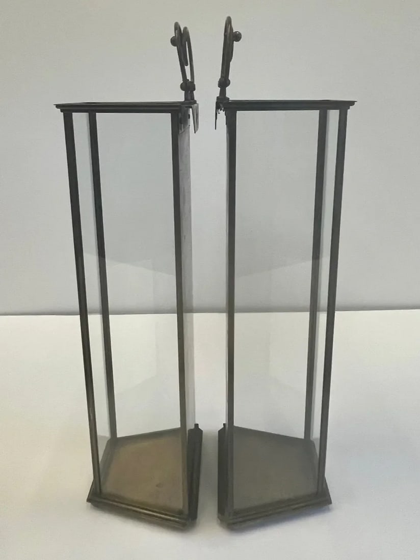 Brass & Aged Glass Lanterns -A Pair - 4