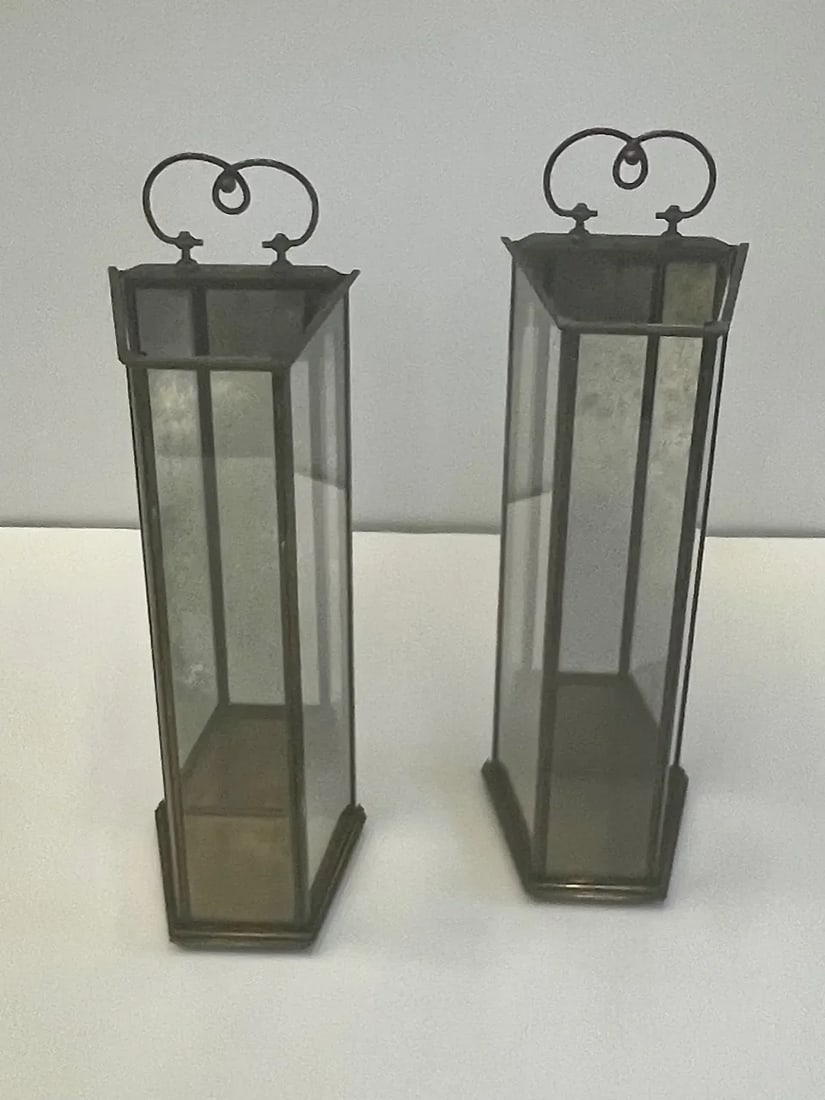 Brass & Aged Glass Lanterns -A Pair - 9