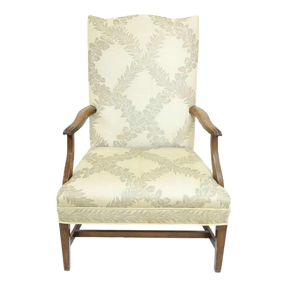 20th Century Decorative Armchair: This elegant 20th-century armchair combines classic design with exceptional craftsmanship. Featuring a beautifully upholstered fabric with a delicate floral pattern in soft, neutral tones, this piece