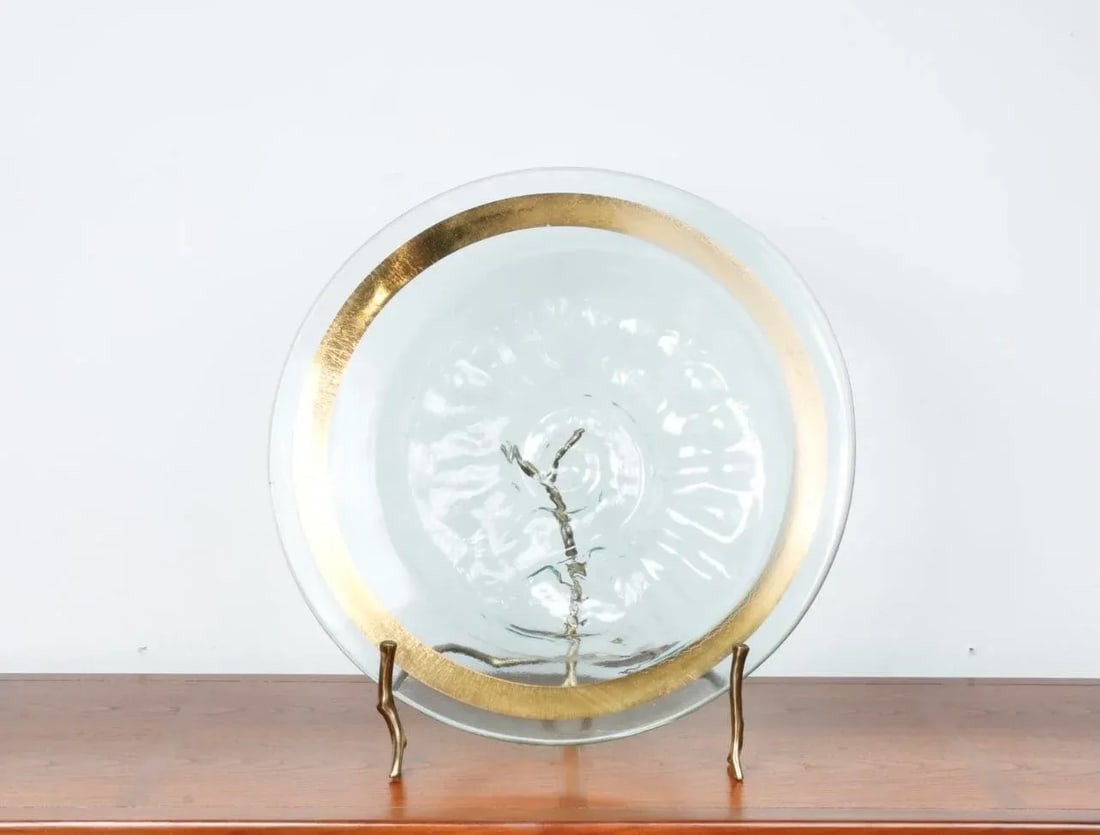 Signed Brass and Glass Platter With Stand - 2