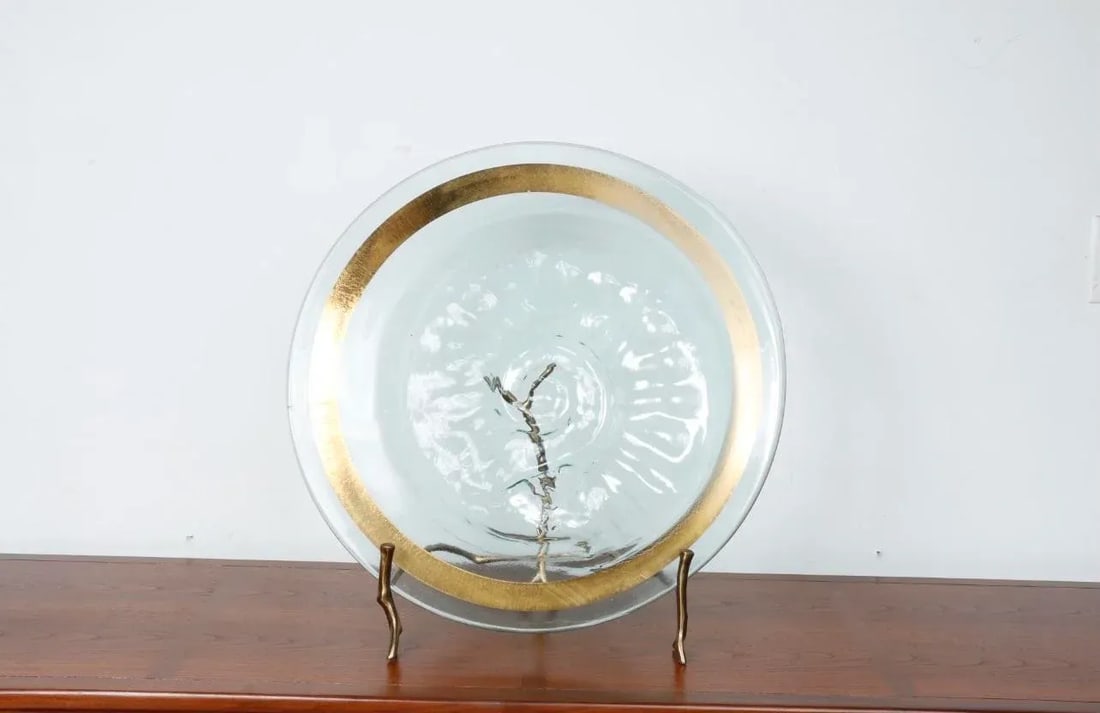 Signed Brass and Glass Platter With Stand - 3
