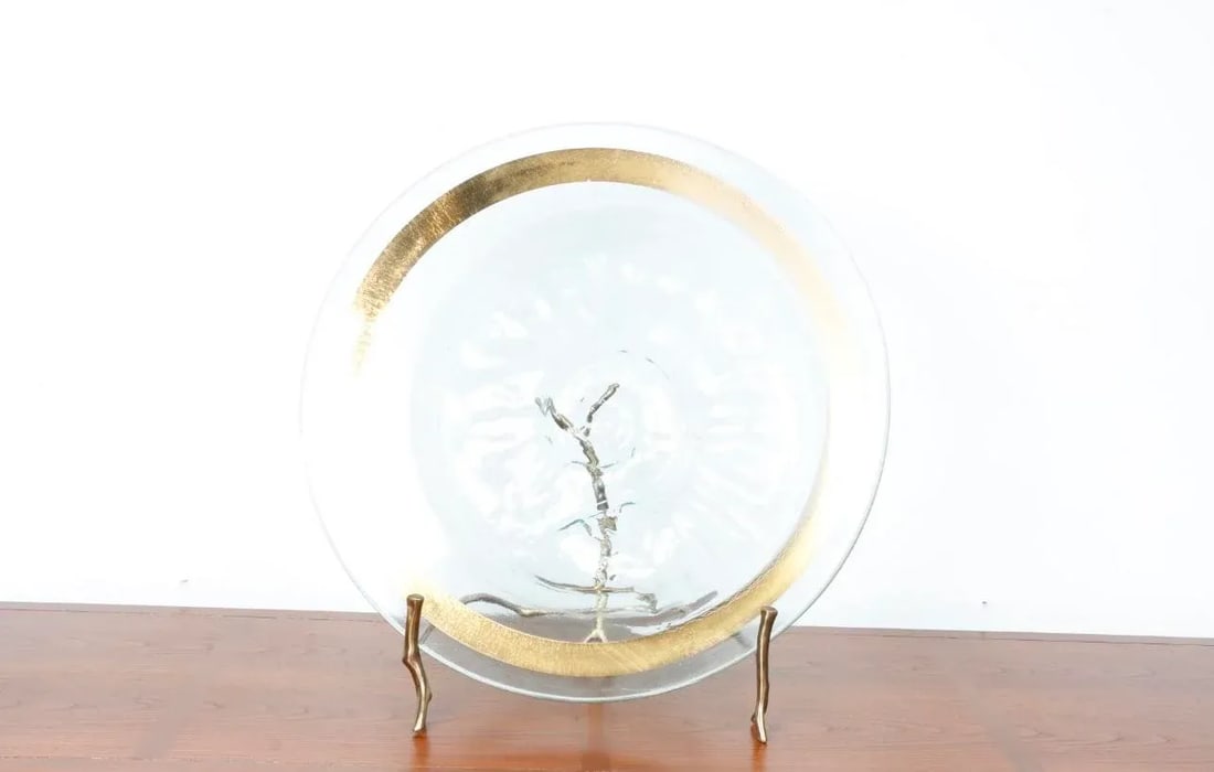 Signed Brass and Glass Platter With Stand - 4