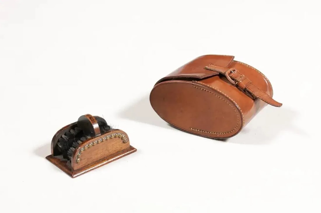 English 19th Century Victorian Shoe Care Set with Original Leather Case - 4 Pieces - 8