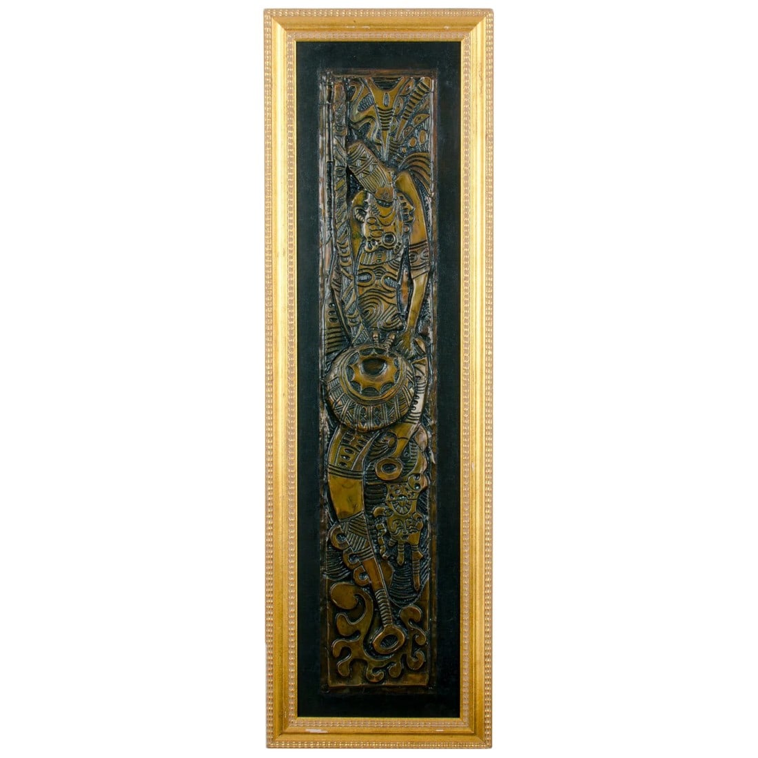 Mai Molo Nigerian Metal Relief: This sculpted foil relief 'Mai Molo' from artist Moses Unokwah (Nigeria, b.1964) is a very rare multiple with only 40 in the edition. The condition of the piece is excellent. It is framed in a gold