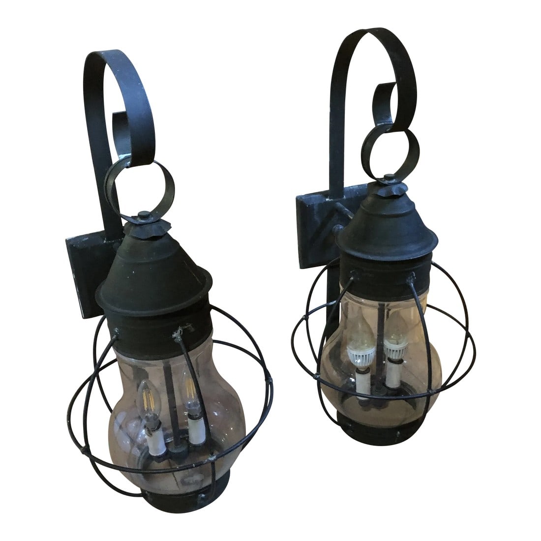 Large Metal Tole and Glass Wall Mounted Lanterns -A Pair (1 of 13)
