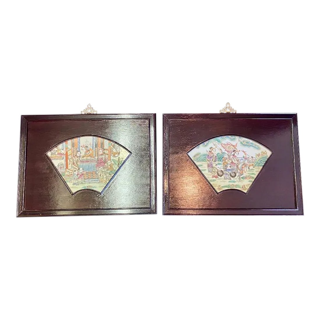Rose Medalion Framed Panels a Pair: Pair of Rose Medalion Framed Panels in unusual fan shapes insert but a rectangular frame. Fine detail in the multi colored porcelain panels of people in a household scene. Condition: Alterations: